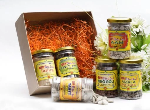 Bcp Bajaj Diwali Hamper With Aam Pachak, Hing Goli, Amala Pachak, Jaljira, Tasty Tikiya & Tasty Amla Candy