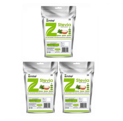 Zindagi Stevia Sachets - Pure Stevia White Powder - Natural Fat Burner - Sugar Free Sweetener,100 Sachets(pack Of 3)