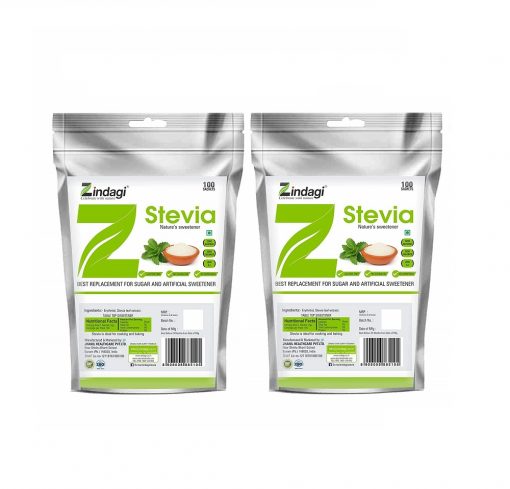 Zindagi Stevia Sachets - Pure Stevia White Powder - Natural Fat Burner - Sugar Free Sweetener,100 Sachets(pack Of 2)