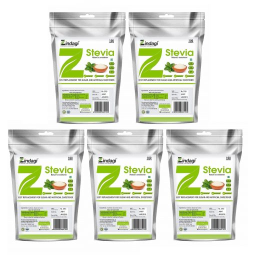 Zindagi Stevia Sachets - Pure Stevia White Powder - Natural Fat Burner - Sugar Free Sweetener,100 Sachets(pack Of 5)