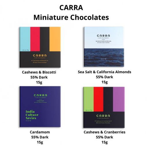 Carra Miniature Chocolate Bars | 55% Dark | Sets Of 3 Each Of Cashews & Biscotti, Sea Salt & California Almonds, Cardamom And Cashews & Cranberries ; 15g X 12pcs ; 180g