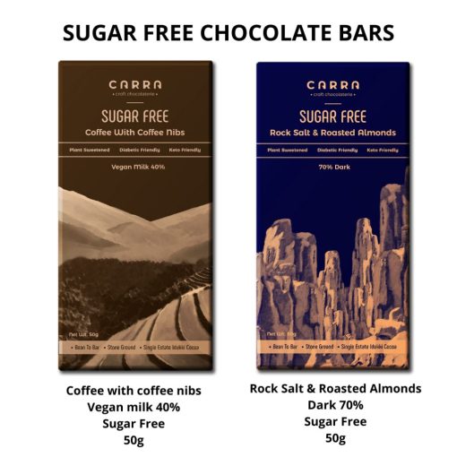 Carra Sugar Free Chocolate Bars | Pack Of 4 - Coffee With Coffee Nibs In Vegan Milk 40% And Rock Salt & Roasted Almonds In Dark 70% ; 200g; Diabetic & Keto Friendly