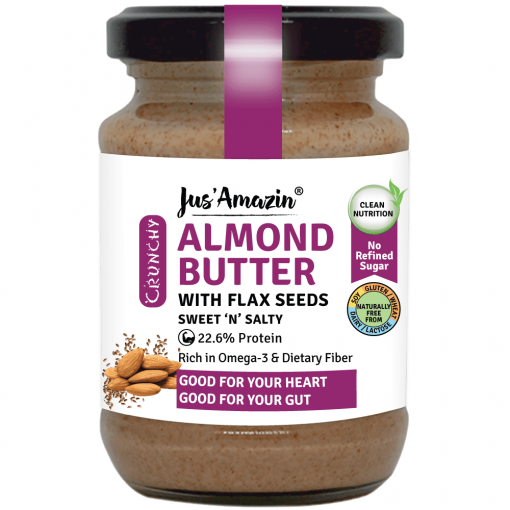 Jus' Amazin Crunchy Almond Butter With Flaxseeds (125g) | 22% Protein | Clean Nutrition | 86% Almonds | Rich In Omega-3 | No Refined Sugar | Zero Chemicals | Vegan & Dairy Free | 100% Natural