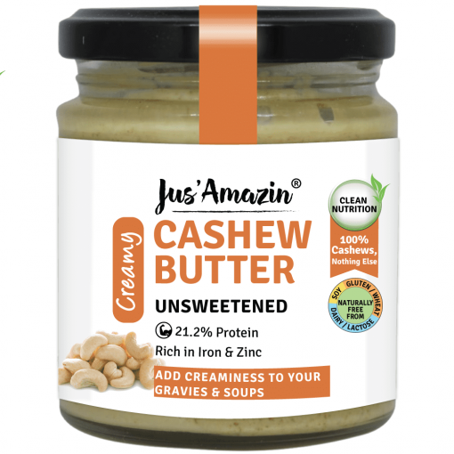 Jus' Amazin Creamy Cashew Butter - Unsweetened (200g) | 21.2% Protein | Clean Nutrition | Single Ingredient - 100% Cashewnuts | Zero Additives | Vegan & Dairy-free