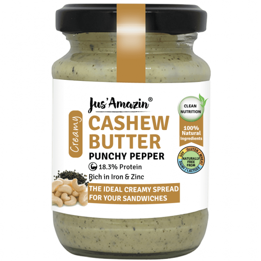 Jus' Amazin Creamy Cashew Butter Punchy Pepper (125g) | 18% Protein | Clean Nutrition | 93% Cashewnuts | Zero Chemicals | Vegan & Dairy Free | 100% Natural