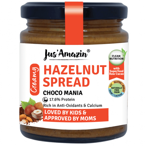 Jus' Amazin Creamy Hazelnut Spread - Choco Mania (200g) | 18% Protein | Clean Nutrition | 4x Less Sugar And 3x More Protein | 80% Nuts (hazelnuts + Almonds + Cashews) | Superfood Raw Cacao | No Refined Sugar | Zero Chemicals | Vegan & Dairy Free | 100% Natural