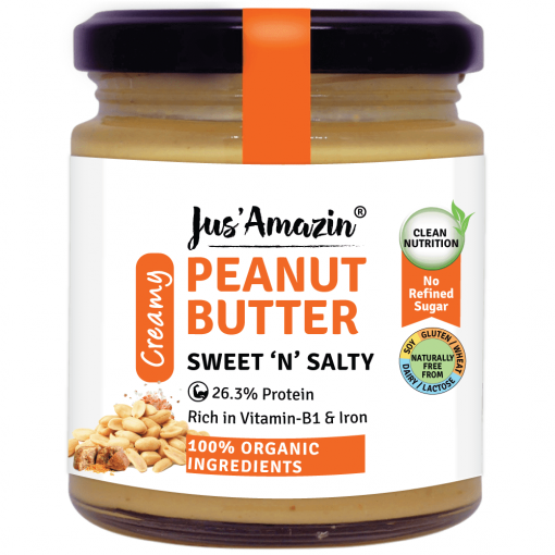 Jus' Amazin Creamy Organic Peanut Butter Sweet 'n' Salty (200g) | 26.3% Protein | Clean Nutrition | 90% Organic Peanuts | Rich In Vitamin B1 & Iron | No Refined Sugar | Zero Chemicals | Vegan & Dairy Free | 100% Organic Ingredients