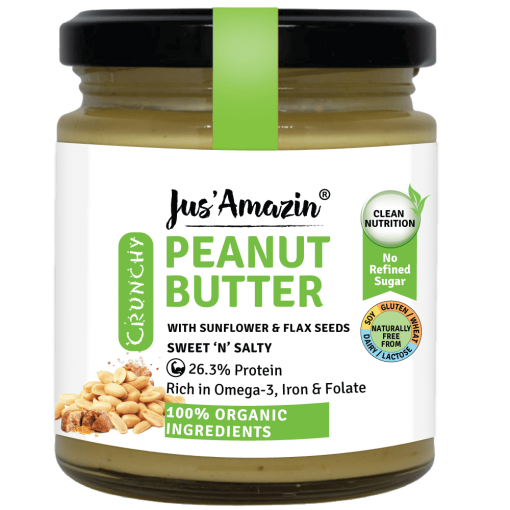 Jus' Amazin Crunchy Organic Peanut Butter With Flax And Sunflower Seeds (200g) | 28.6% Protein | Clean Nutrition | 85% Organic Peanuts | Rich In Omega-3 | No Refined Sugar | Zero Chemicals | Vegan & Dairy Free | 100% Organic Ingredients