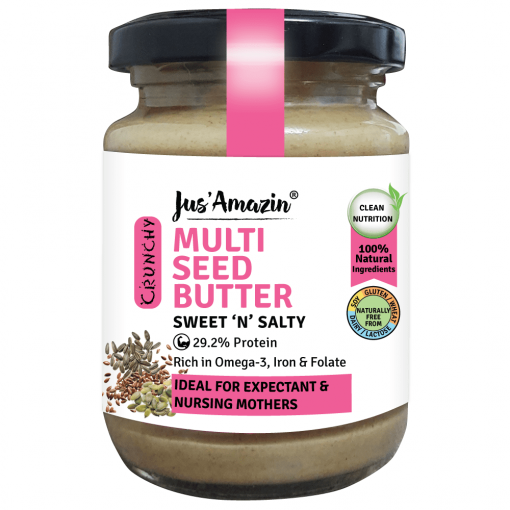 Jus' Amazin Crunchy Seed Butter Mixed Seeds, With Flax And Sunflower Seeds (125g) | 29% Protein | Clean Nutrition | 85% Mixed Seeds | Rich In Omega-3 | No Refined Sugar | Zero Chemicals | Vegan & Dairy Free | 100% Natural