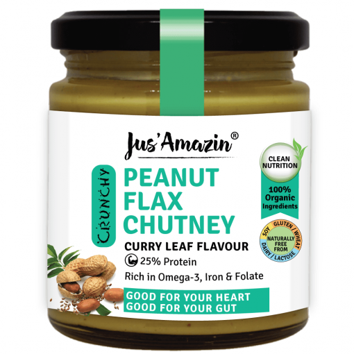 Jus' Amazin Crunchy Organic Peanut Flax Chutney - Curry Flavour (200g) | 25% Protein | Clean Nutrition | Rich In Omega-3, Iron & Folate | Zero Chemicals | Vegan & Dairy Free | 100% Organic Ingredients