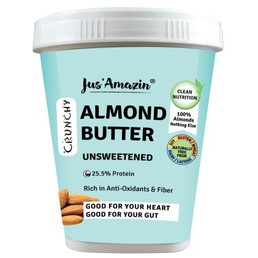 Jus' Amazin Crunchy Almond Butter - Unsweetened (1kg) | 25.5% Protein | Clean Nutrition | Single Ingredient - 100% Almonds | Zero Additives | Vegan & Dairy Free