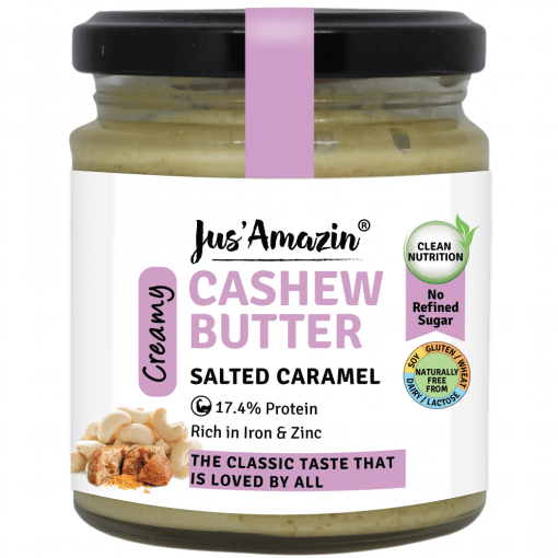 Jus' Amazin Creamy Cashew Butter Salted Caramel (200g) | 17.4% Protein | Clean Nutrition | 75% Cashewnuts | Organic Jaggery | No Refined Sugar | Zero Chemicals | Vegan & Dairy Free | 100% Natural