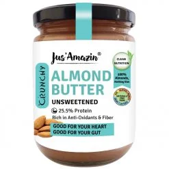 Jus' Amazin Crunchy Almond Butter - Unsweetened (500g) | 25.5% Protein | Clean Nutrition | Single Ingredient - 100% Almonds | Zero Additives | Vegan & Dairy Free