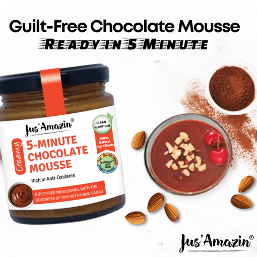 Jus' Amazin 5-minute Chocolate Mousse (200g) | Only 5 Ingredients, 100% Natural | Clean Nutrition | 70% Nuts (almonds & Cashewnuts) | Superfood Raw Cacao | Rich In Anti-oxidants | No Refined Sugar | Zero Additives | Vegan & Dairy Free