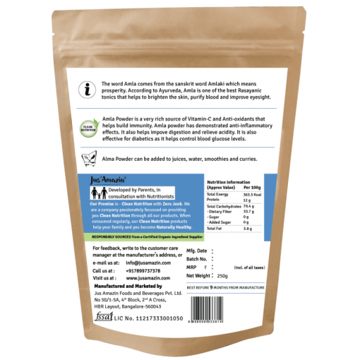 Jus' Amazin Organic Amla Powder (250g) | Single Ingredients - 100% Organic Amla Powder | Clean Nutrition | Superfood | Rich In Vitamin C & Anti-oxidants