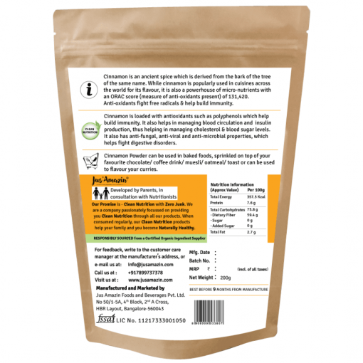 Jus' Amazin Organic Cinnamon Powder (200g) | Single Ingredient - 100% Organic Cinnamon Powder | Clean Nutrition | Superfood | Flavourful And Rich In Antioxidants
