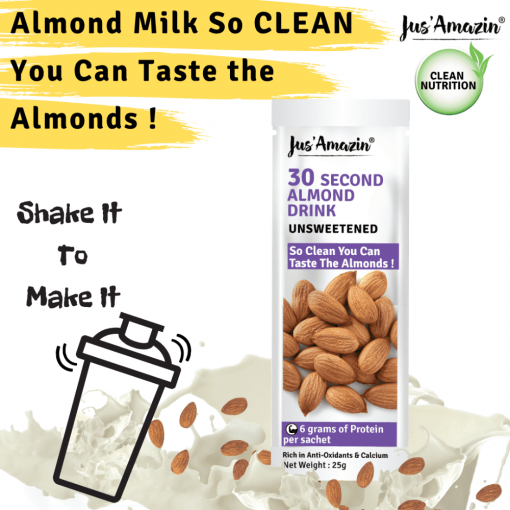 Jus' Amazin 30-second Almond Drink - Unsweetened (5x25g Sachets) | High Protein (6g Per Sachets) | 1 Sachet Makes 1 Glass Of Almond Drink | Clean Nutrition | Single Ingredient - 100% Almonds | Zero Additives | Vegan & Dairy Free