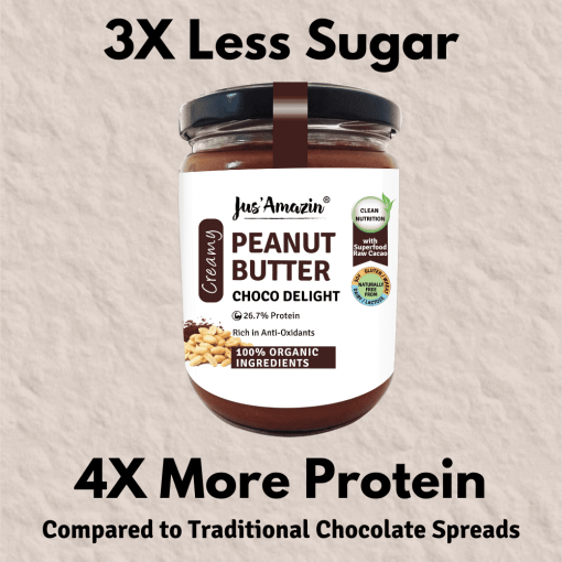 Jus' Amazin Creamy Organic Peanut Butter Choco Delight (500g) | 26.7% Protein | Clean Nutrition | 82% Organic Peanuts | Superfood Raw Cacao | No Refined Sugar | Zero Chemicals | Vegan & Dairy-free | 100% Organic
