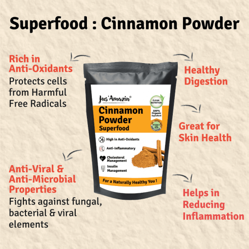 Jus' Amazin Organic Cinnamon Powder (75g) | Single Ingredient - 100% Organic Cinnamon Powder | Clean Nutrition | Superfood | Flavourful And Rich In Antioxidants
