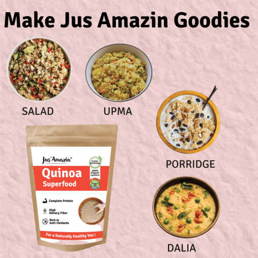 Jus' Amazin Organic Quinoa (500g) | Single Ingredient - 100% Organic Quinoa | Superfood | High Protein | Rich In Dietary Fiber & Omega-3