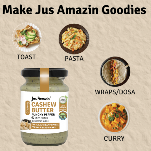 Jus' Amazin Creamy Cashew Butter Punchy Pepper (125g) | 18% Protein | Clean Nutrition | 93% Cashewnuts | Zero Chemicals | Vegan & Dairy Free | 100% Natural