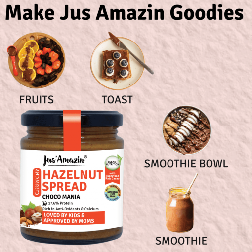 Jus' Amazin Crunchy Hazelnut Spread - Choco Mania (200g) | 18% Protein | Clean Nutrition | 4x Less Sugar And 3x More Protein | 80% Nuts (hazelnuts + Almonds + Cashews) | Superfood Raw Cacao | No Refined Sugar | Zero Chemicals | Vegan & Dairy Free | 100% Natural
