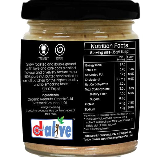 D-alive Honestly Organic D-alive - Organic Peanut Butter (unsweetened) (sugar-free, Usda Organic, Gluten-free, Low Carb, Ultra Low Gi, Vegan, Diabetes & Keto Friendly) - 180g (pack Of 2)