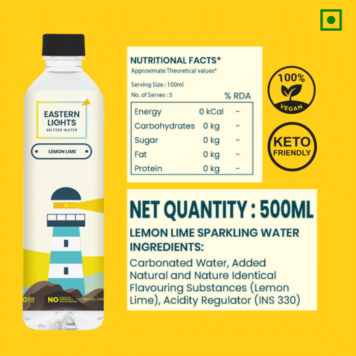 Eastern Lights Lemon & Lime Seltzer Water (Sparkling Water) | 500ml Each | 100% Natural Flavour | Zero Sugar & Zero Calories | No Aspartame or Stevia