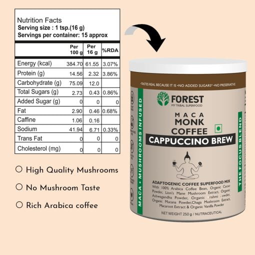 Forest Maca Monk Coffee Cappuccino Brew, Cappuccino Coffee, To Elevate Immunity & Focus Roast & Ground Coffee (250g)