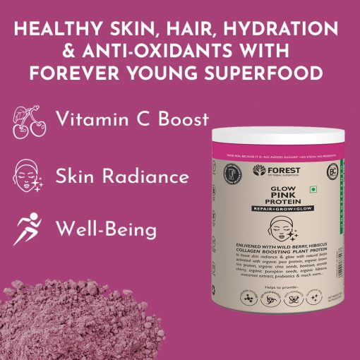 Forest Glow Pink Protein- Pre + Probiotic, Collagen Boosting Superfood Plant-based Protein (500 G, Unflavored)