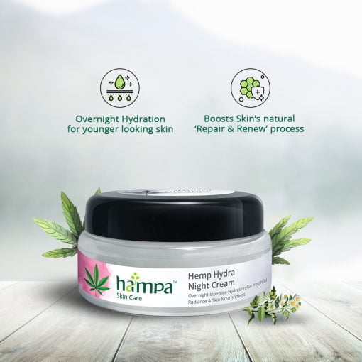 Hampa Hemp Hydra Night Cream With Hydraelixir | With Hemp, Palmrosa, Chamomile, Red Algae Extract And Niacinamide | Overnight Intensive Hydration For Your Skin As You Sleep | Complete Skin Nourishment For Hydrated, Supple And Radiant Skin | Free From Harmful Chemicals | 50 Ml