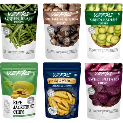 Combo Of - Vefrs Shiitake Mushroom Crisps, Green Bean Crisps, Green Radish Crisps, Potato Wedges, Ripe Jackfruit Chips, & Purple Sweet Potato Crisps- Pack Of 6
