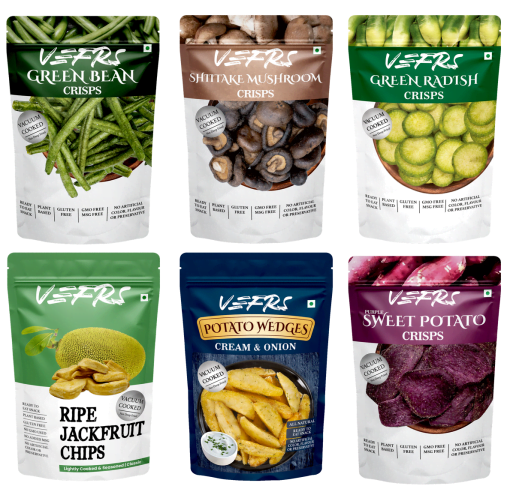 Combo Of - Vefrs Shiitake Mushroom Crisps, Green Bean Crisps, Green Radish Crisps, Potato Wedges, Ripe Jackfruit Chips, & Purple Sweet Potato Crisps- Pack Of 6