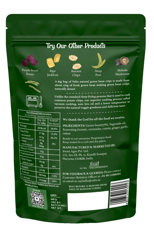 Vefrs- Green Bean Crisps | Gluten Free | Vacuum Cooked | Not Deep Fried | Msg Free| Gmo Free | Plant Based - Pack Of 3 (40 Gm Each)