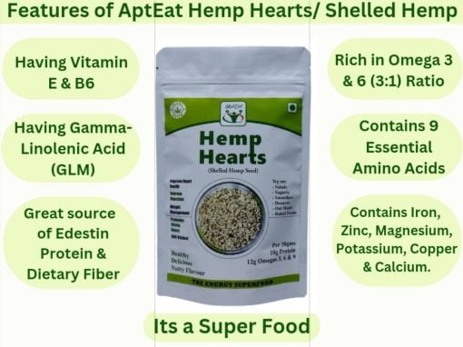 Apteat Hemp Hearts 255gm Hulled Hemp, Shelled Hemp Seed, Protein & Omega 3 & 6 Rich Superfood, Nutty Taste