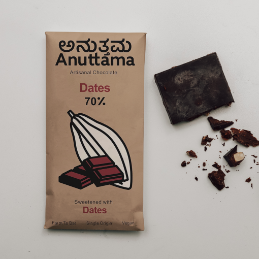 Anuttama Dark Chocolate | 70% Cocoa | Sweetened With Dates | Handmade Chocolate | Dark Chocolate Bar | 50g