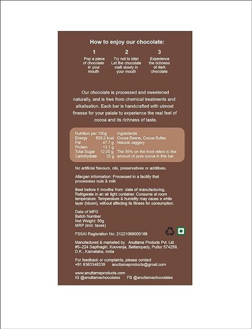 Anuttama Dark Chocolate | 99% Cocoa | Natural Jaggery Sweetened | Dark Chocolate | Sugar Free | Natural Chocolate Bar 50g