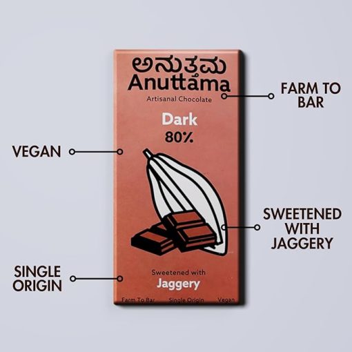 Anuttama Nuttama Dark Chocolate Bar | 80% Cocoa & Natural Jaggery Sweetened | Dark Chocolate | Sugar Free | Natural Chocolate Bar | 50 Gm