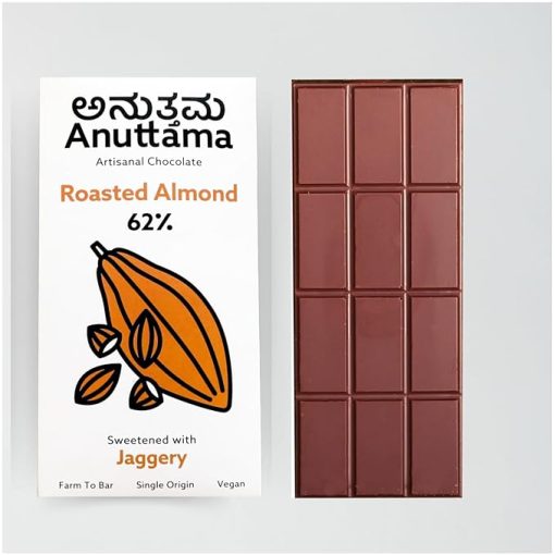 Anuttama Dark Chocolate | 62% Cocoa | Natural Jaggery Sweetened & Roasted Almonds | Sugar Free | Gluten Free | Chocolate Bar 50gm