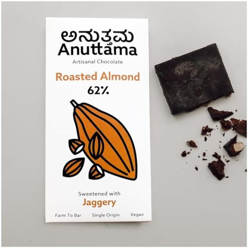 Anuttama Dark Chocolate | 62% Cocoa | Handmade Chocolate | Natural Chocolate Bar | Combo Of Classic & Roasted Almonds (2 X 50g)