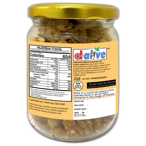 D-alive Honestly Organic Activated/sprouted Walnuts - Mildly Salted (100% Natural, Long Soaked & Air Dried To Crunchy Perfection) - 200g