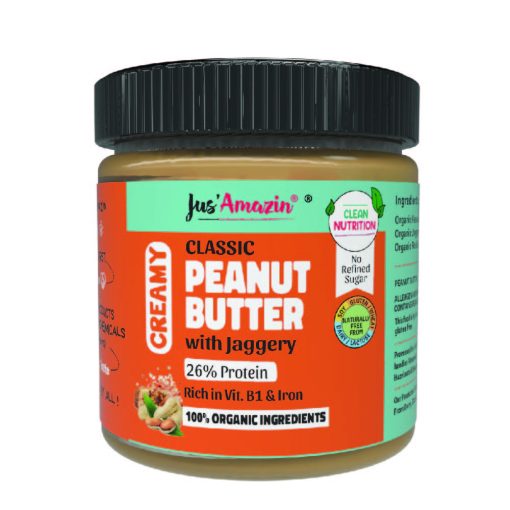 Jus' Amazin Creamy Organic Peanut Butter Sweet 'n' Salty (200g) | 26.3% Protein | Clean Nutrition | 90% Organic Peanuts | Rich In Vitamin B1 & Iron | No Refined Sugar | Zero Chemicals | Vegan & Dairy Free | 100% Organic Ingredients