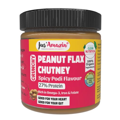 Jus' Amazin Crunchy Organic Peanut Flax Chutney Spicy Podi (200g) | 27% Protein | Clean Nutrition | Rich In Omega-3, Iron & Folate | Zero Chemicals | Vegan & Dairy Free | 100% Organic Ingredients