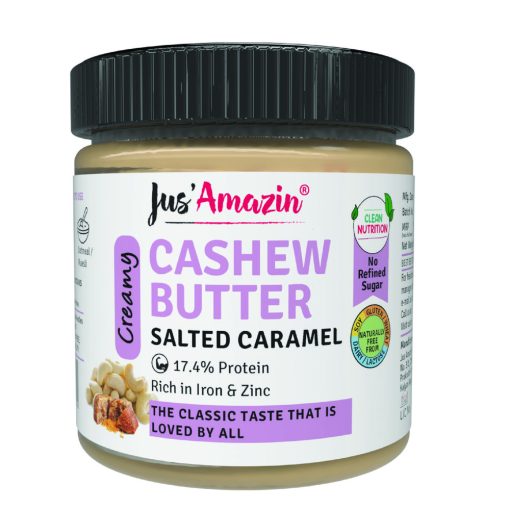 Jus' Amazin Creamy Cashew Butter Salted Caramel (200g) | 17.4% Protein | Clean Nutrition | 75% Cashewnuts | Organic Jaggery | No Refined Sugar | Zero Chemicals | Vegan & Dairy Free | 100% Natural