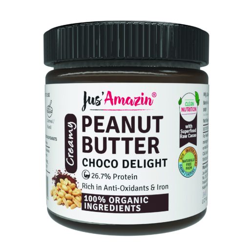 Jus' Amazin Creamy Organic Peanut Butter Choco Delight (200g) | 26.7% Protein | Clean Nutrition | 82% Organic Peanuts | Superfood Raw Cacao | No Refined Sugar | Zero Chemicals | Vegan & Dairy-free | 100% Organic