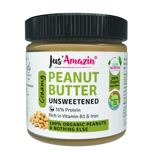 Jus' Amazin Creamy Organic Peanut Butter - Unsweetened (200g) | 31% Protein | Clean Nutrition | Single Ingredient - 100% Organic Peanuts | Zero Additives | Vegan & Dairy Free