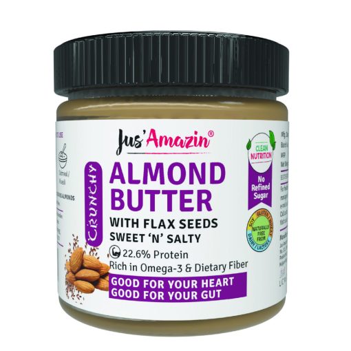 Jus' Amazin Crunchy Almond Butter With Flaxseeds (200g) | 22.6% Protein | Clean Nutrition | 90% Almonds | Rich In Omega-3 | No Refined Sugar | Zero Chemicals | Vegan & Dairy Free | 100% Natural