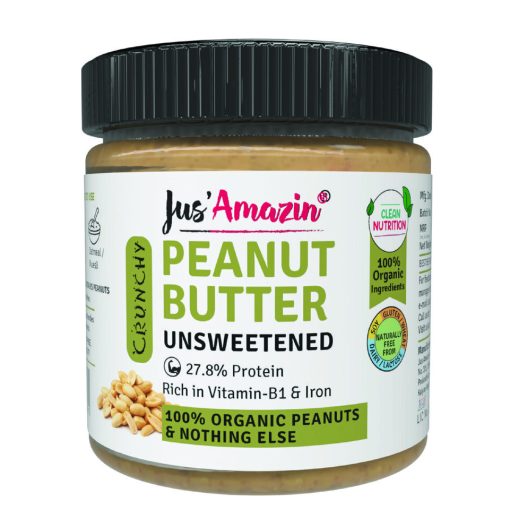 Jus' Amazin Crunchy Organic Peanut Butter - Unsweetened (200g) | 28% Protein | Clean Nutrition | Single Ingredient - 100% Organic Peanuts | Zero Additives | Vegan & Dairy Free