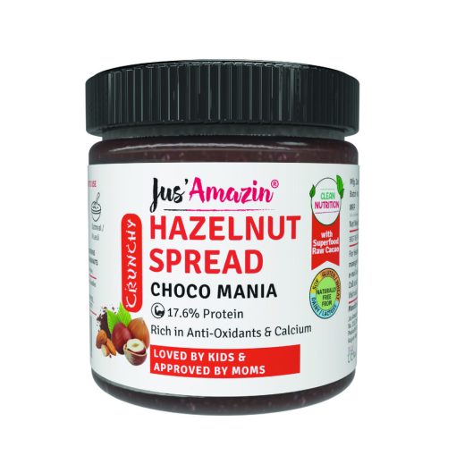 Jus' Amazin Crunchy Hazelnut Spread - Choco Mania (200g) | 18% Protein | Clean Nutrition | 4x Less Sugar And 3x More Protein | 80% Nuts (hazelnuts + Almonds + Cashews) | Superfood Raw Cacao | No Refined Sugar | Zero Chemicals | Vegan & Dairy Free | 100% Natural