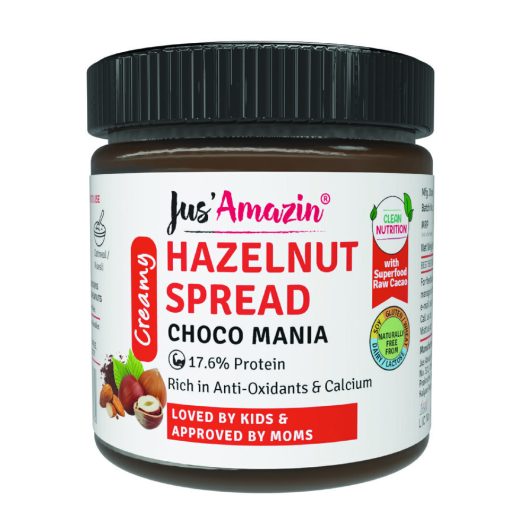 Jus' Amazin Creamy Hazelnut Spread - Choco Mania (200g) | 18% Protein | Clean Nutrition | 4x Less Sugar And 3x More Protein | 80% Nuts (hazelnuts + Almonds + Cashews) | Superfood Raw Cacao | No Refined Sugar | Zero Chemicals | Vegan & Dairy Free | 100% Natural